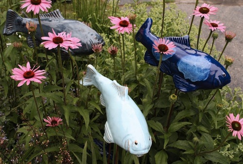 Tyson Weiss's fish are handmade in his Falmouth, Maine studio.  They are made to last as beautiful additions to your outdoor garden area, but are equally beautiful indoors as sculptural objects.  Tyson is a professional landscaper by training, and designs his fish to bring delight and whimsy to outdoor space of all kinds.